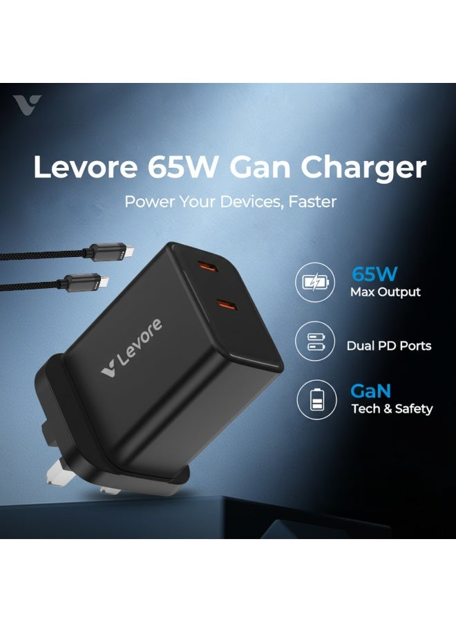 ليفور شاحن حائط ليفور GaN بقوة 65 واط مع منفذي PD وكابل USB-C إلى USB-C – LGW161-BK - Image 4